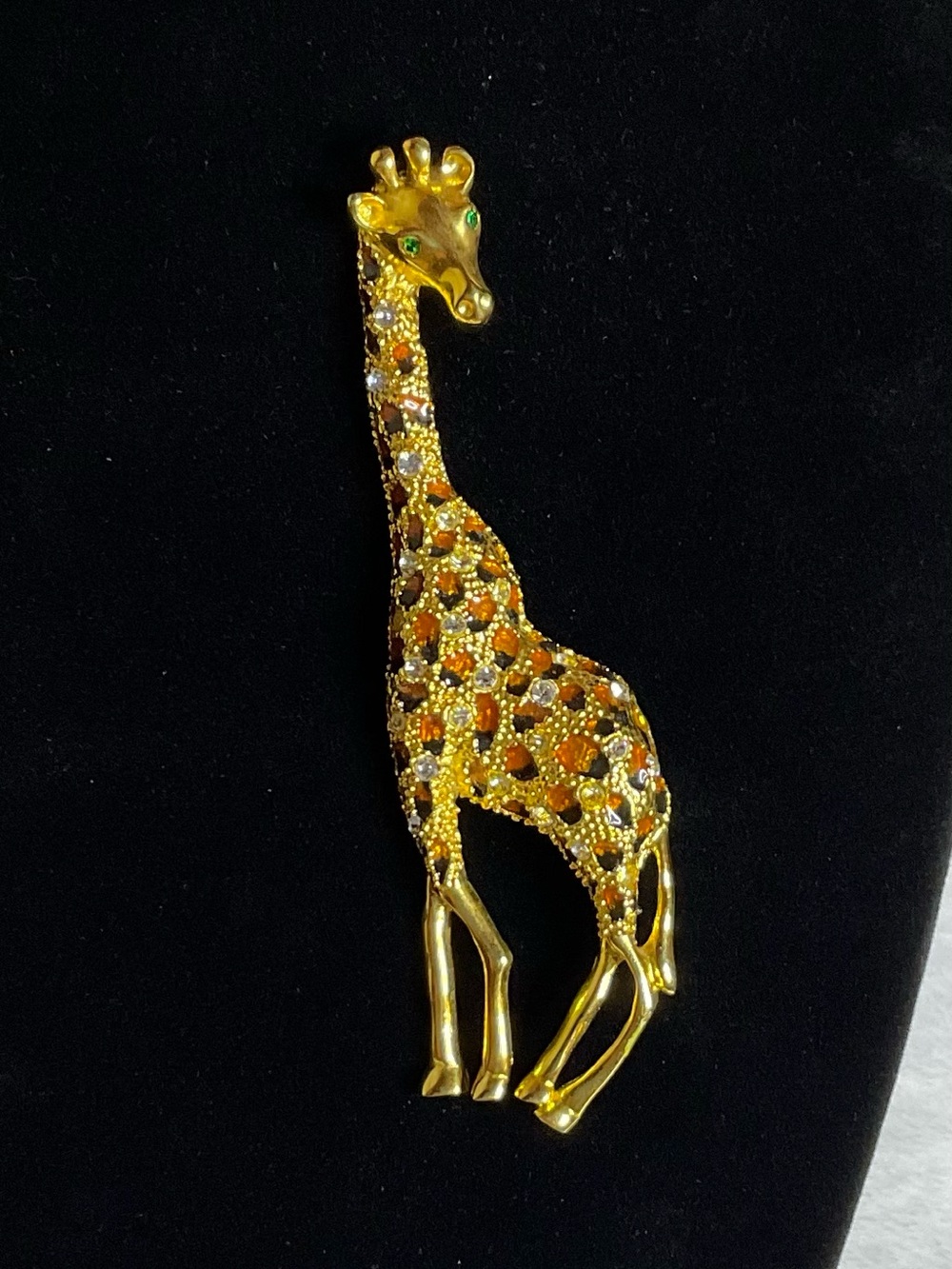 Vintage OTC Gold-Tone Green-eyed Giraffe Brooch w/ Enamel and Rhinestone Accents